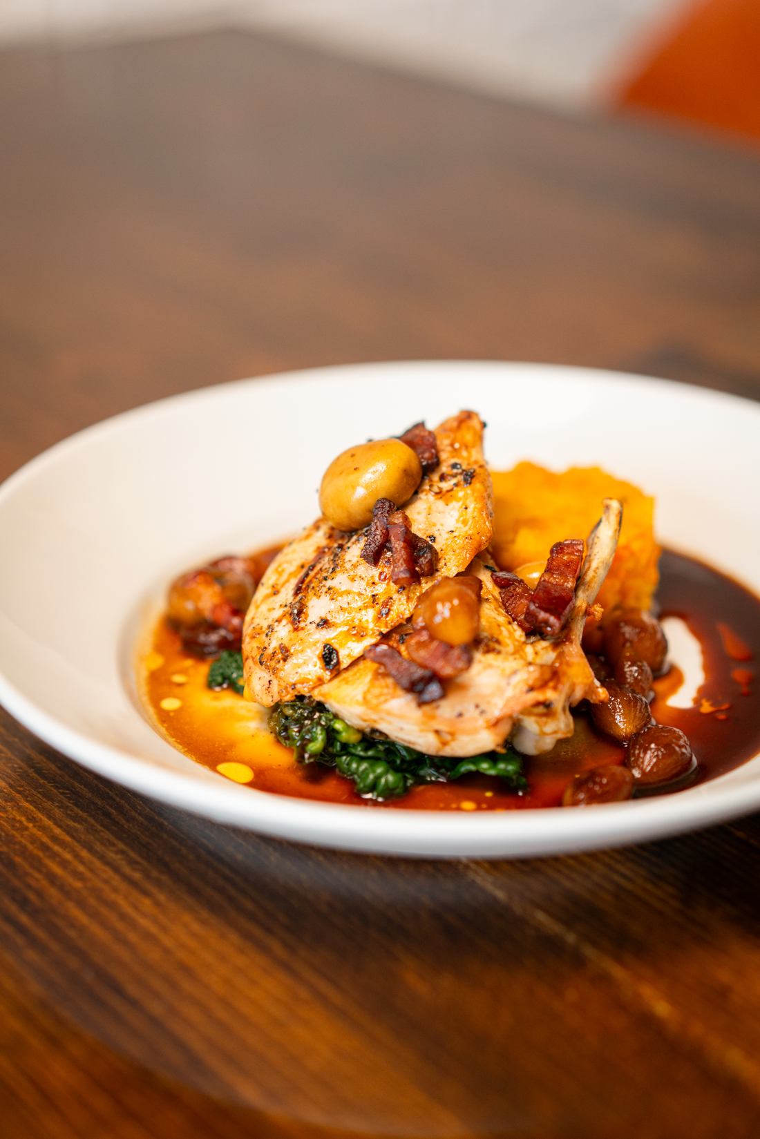 Chicken breast, carrot and swede, cavolo nero and Bourguignon sauce at Edie’s restaurant