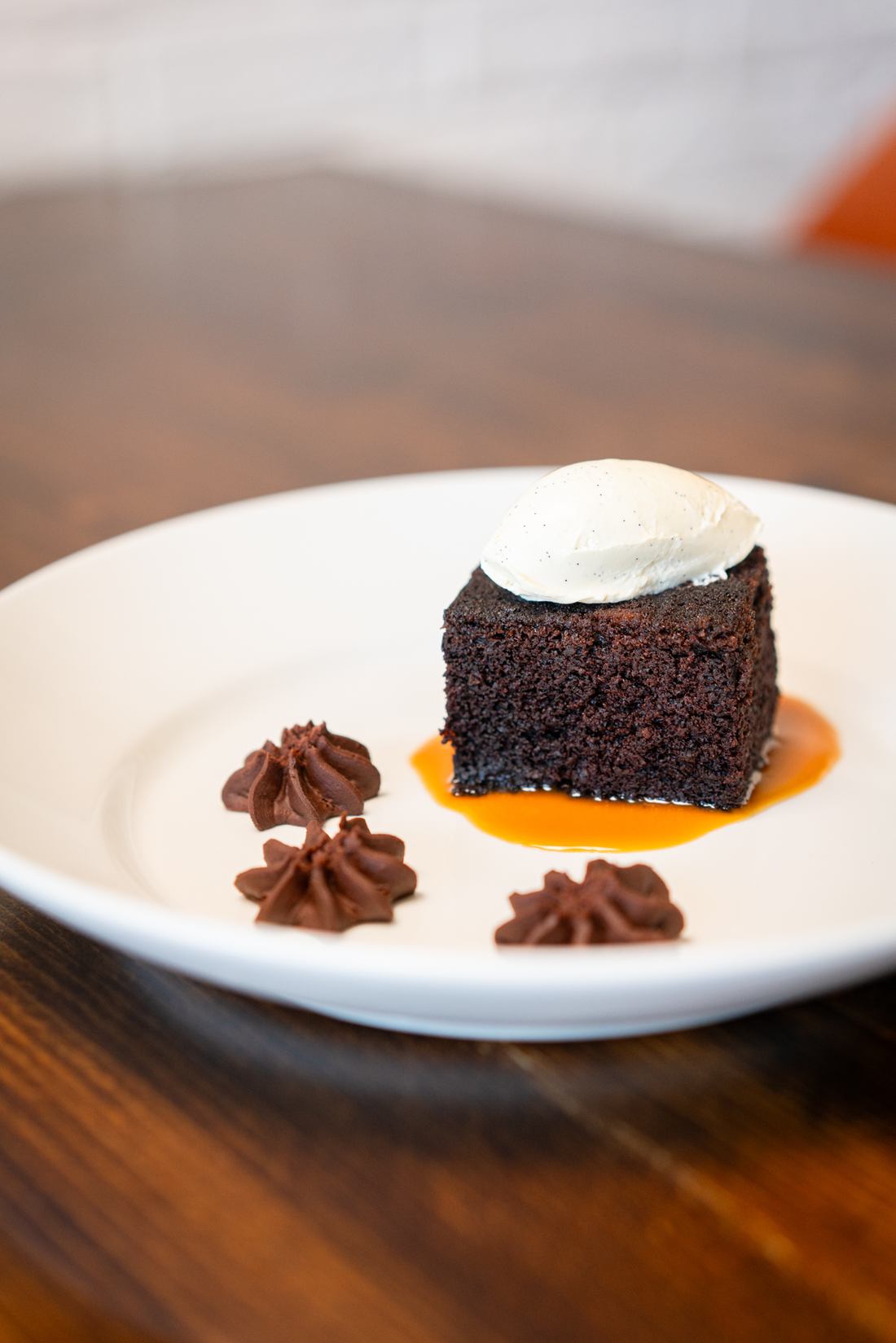Dark chocolate and Mena Dhu stout cake, malted Chantilly and salted caramel at Edie’s restaurant
