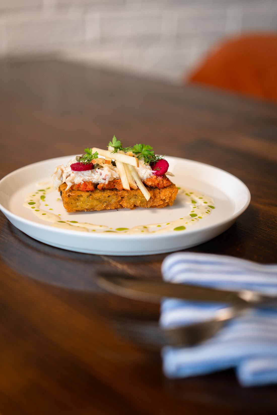 Cornish crab, hash brown, Braeburn apple, pickles and lime crème fraîche at Edie’s restaurant