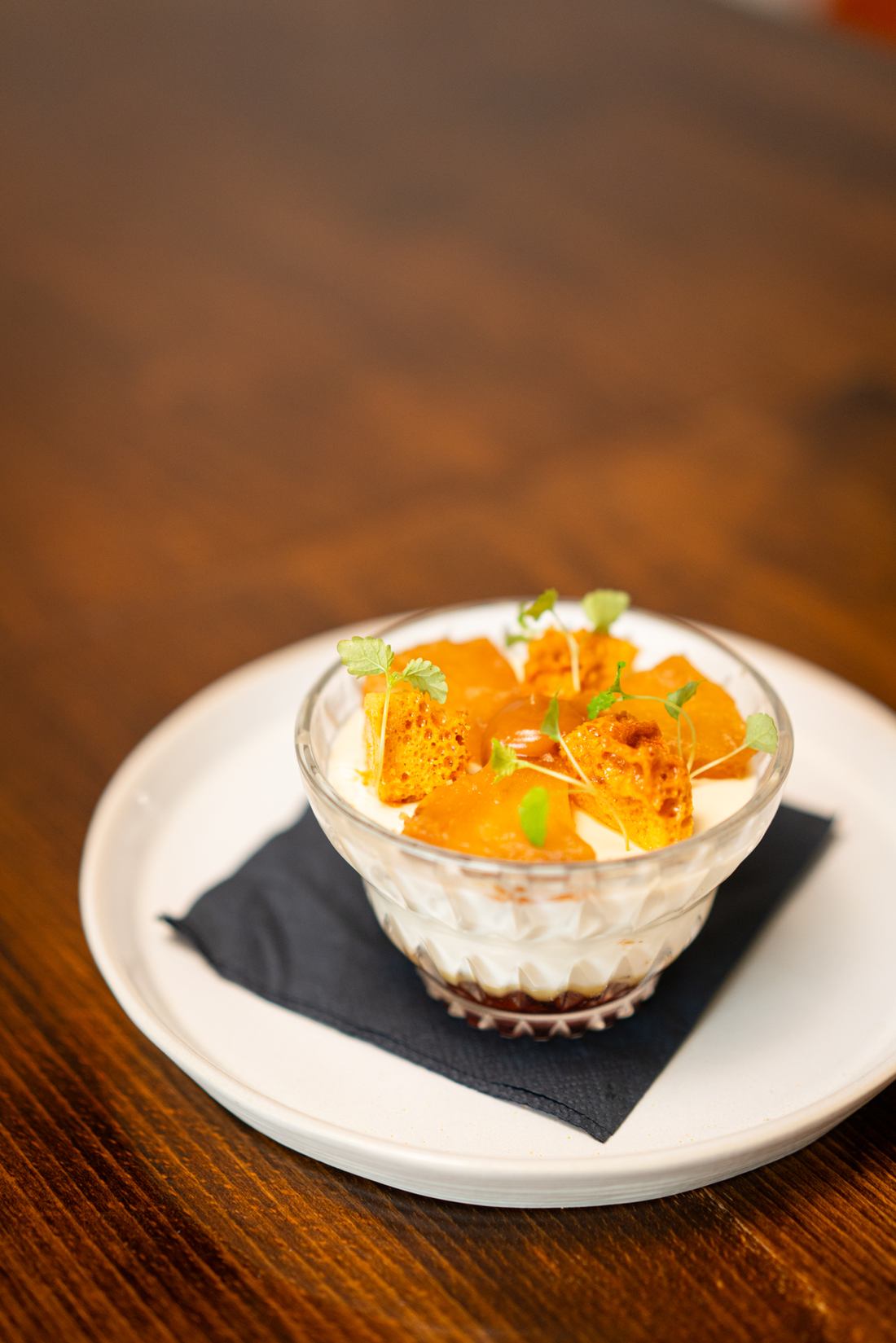 Tonka bean panna cotta, rum pineapple and honeycomb at Edie’s restaurant